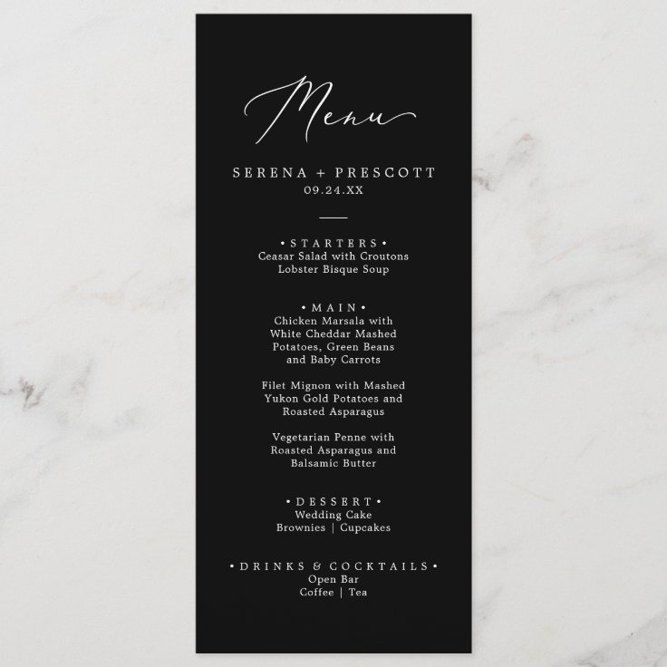 Delicate White on Black Calligraphy Wedding Dinner Menu | Zazzle