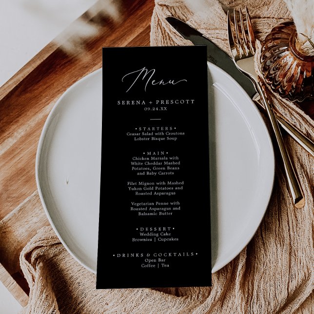 Delicate White on Black Calligraphy Wedding Dinner Menu (Creator Uploaded)