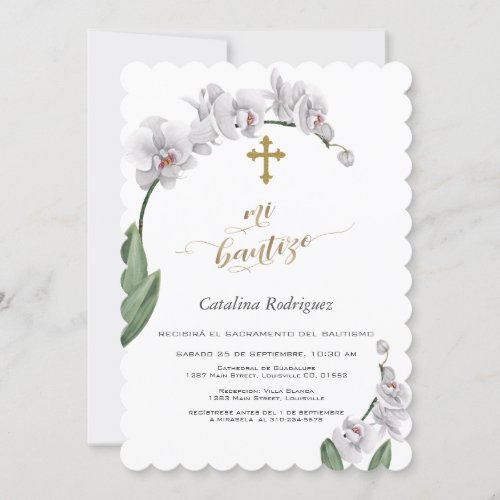 Delicate White Orchid Flowers Cross Mi Bautizo Invitation