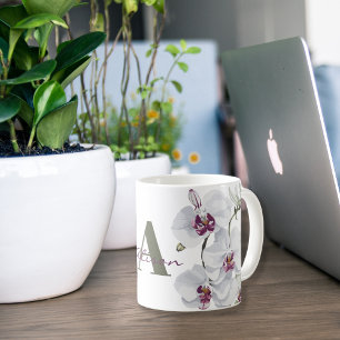 Delicate White Orchid Flowers Monogram Coffee Mug