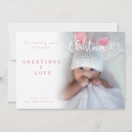 Delicate whitepink First Christmas baby photo Holiday Card