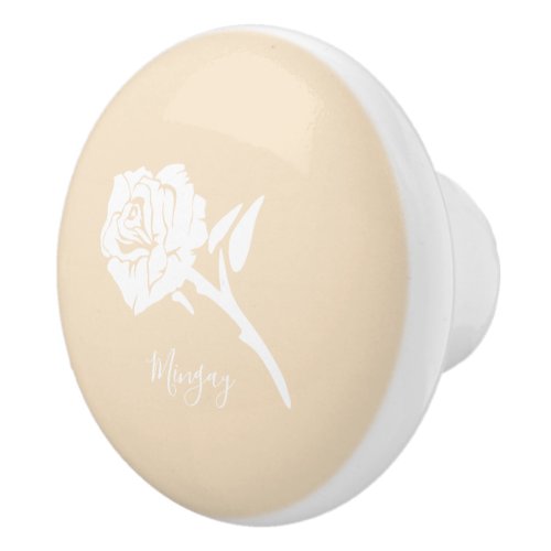 Delicate White Rose Over Yellow Personalized Name Ceramic Knob