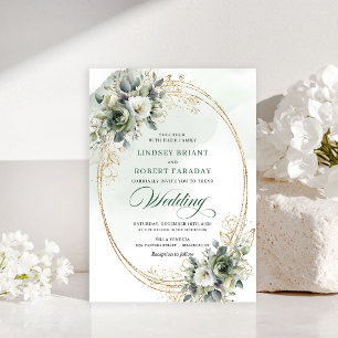  Delicate white roses greenery wedding invitation