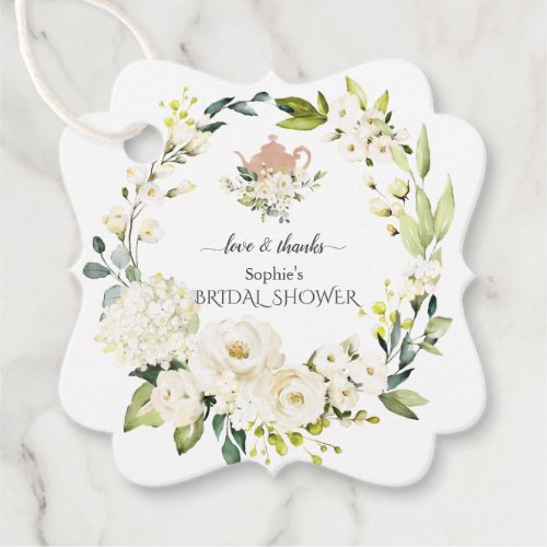 Delicate White Roses Hydrangea Bridal Tea Party Favor Tags