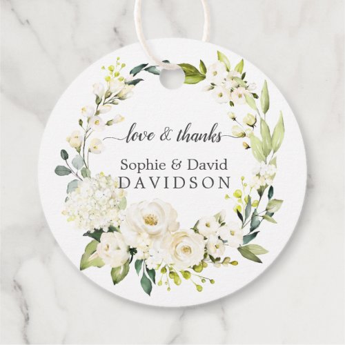 Delicate White Roses Hydrangea Gold Wedding Favor Tags