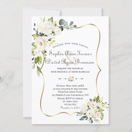 Delicate White Roses Hydrangea Gold Wedding Invitation