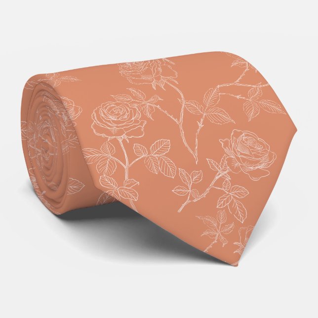 Delicate white roses on dusty orange neck tie (Rolled)