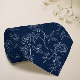 Delicate white roses on midnight blue neck tie