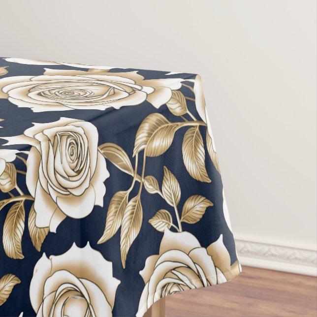 Delicate White Roses With Gold Accents Tablecloth (In Situ)