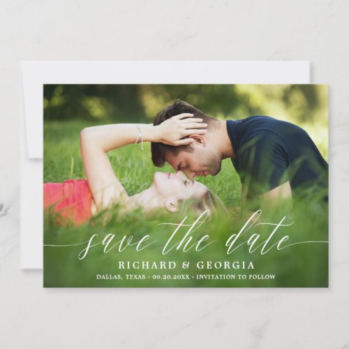 Delicate White Script Overlay Photo Save the Date