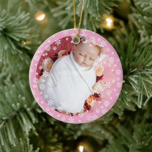 Delicate white snow baby's first christmas ceramic ornament