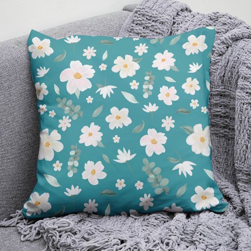 Delicate white watercolor flowers aqua turquoise  throw pillow