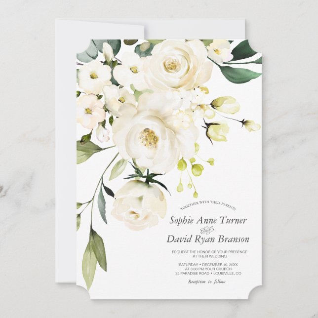 Delicate White Watercolor Flowers Wedding Invitation (Front)