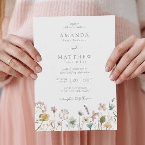Delicate White Watercolor Pressed Flowers Wedding Invitation