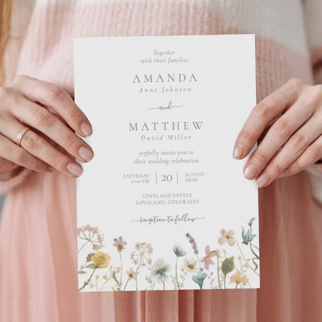 Delicate White Watercolor Pressed Flowers Wedding Invitation | Zazzle