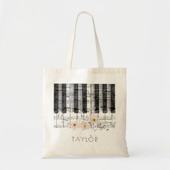 Delicate White Wildflowers Piano Name Tote Bag by musickitten at Zazzle