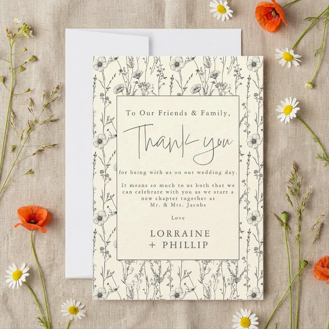 Delicate wild flowers garden pattern wedding thank you card (Delicate wild flowers garden pattern wedding thank you card.)