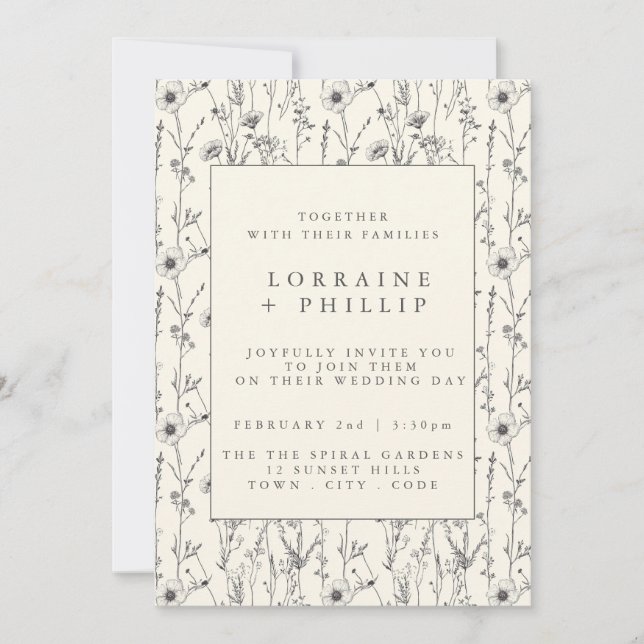 Delicate wild flowers seamless pattern wedding invitation (Front)