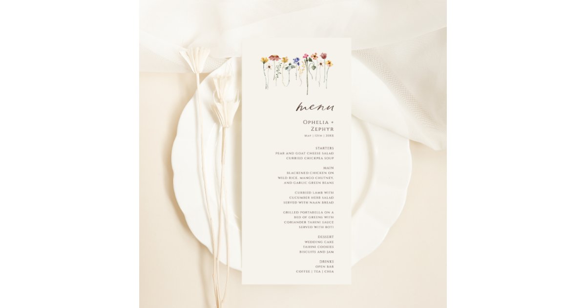 Delicate Wildflower | Beige Garden Wedding Dinner Menu | Zazzle