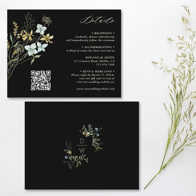 Delicate Wildflower Boho Wedding Black Details  Enclosure Card (Front & Back)