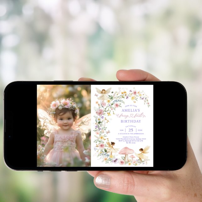 Delicate Wildflower Fairy First 1st Birthday Photo Invitation (Front Digital)