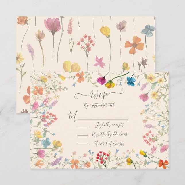 Delicate Wildflower floral garden Wedding RSVP Card (Front/Back)