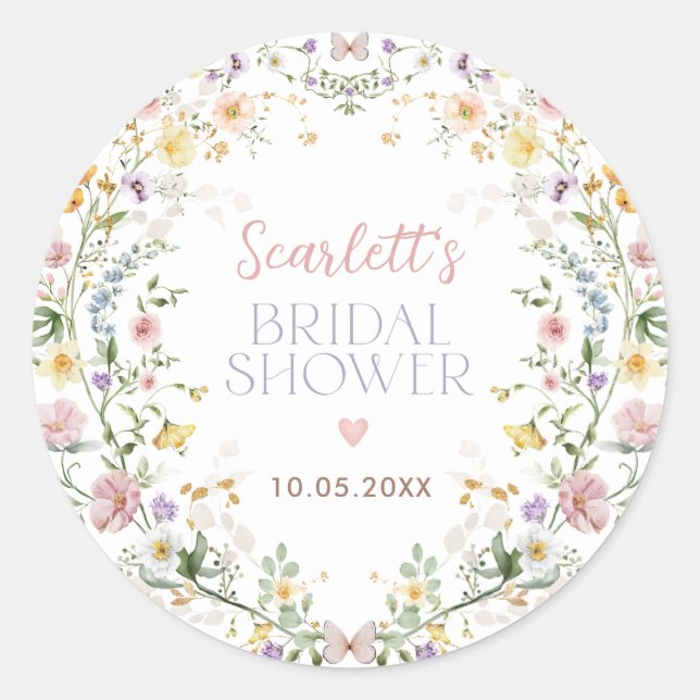 Delicate Wildflower Meadow Bridal Shower Favors Classic Round Sticker (Front)