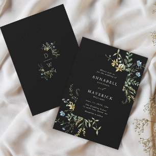 Delicate Wildflower Modern Boho Wedding Black Invitation