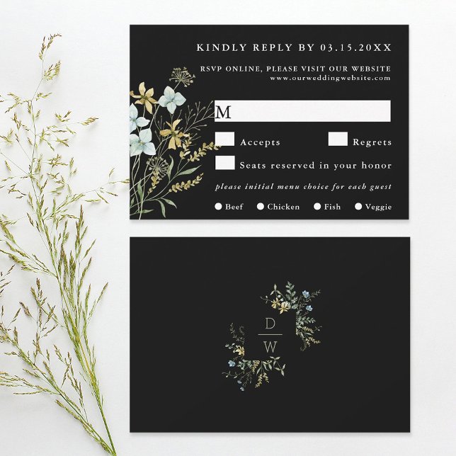 Delicate Wildflower Modern Boho Wedding Black RSVP Card (Front & Back)