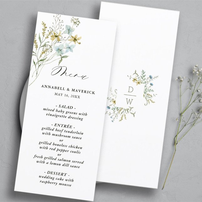 Delicate Wildflower Modern Boho Wedding Menu (Front & Back)