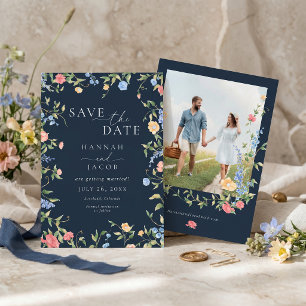 Delicate Wildflower Navy Blue Floral Photo Wedding Save The Date