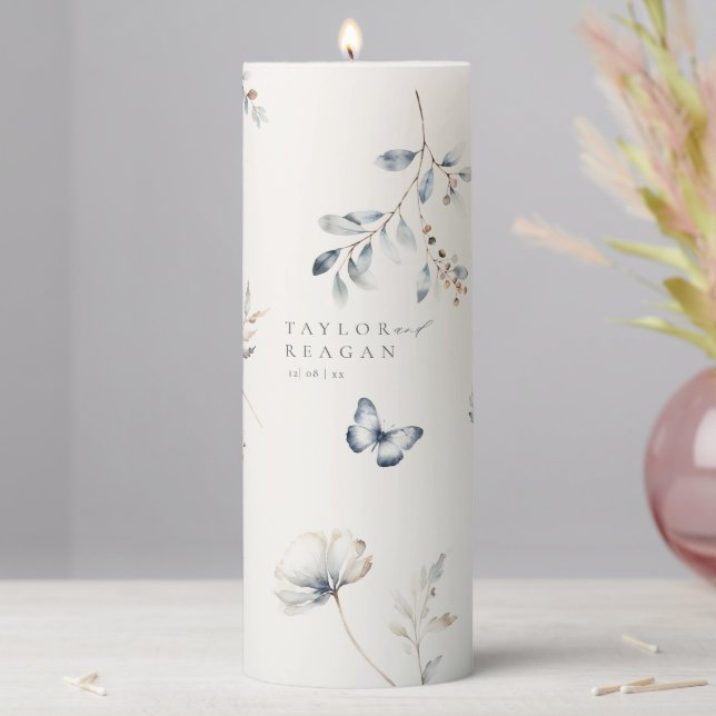 Delicate Wildflower Watercolor Wedding ID1102 Pillar Candle (In Situ)