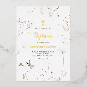 delicate wildflowers Baptism Foil Invitation