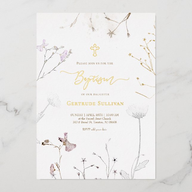 delicate wildflowers Baptism Foil Invitation (Front)
