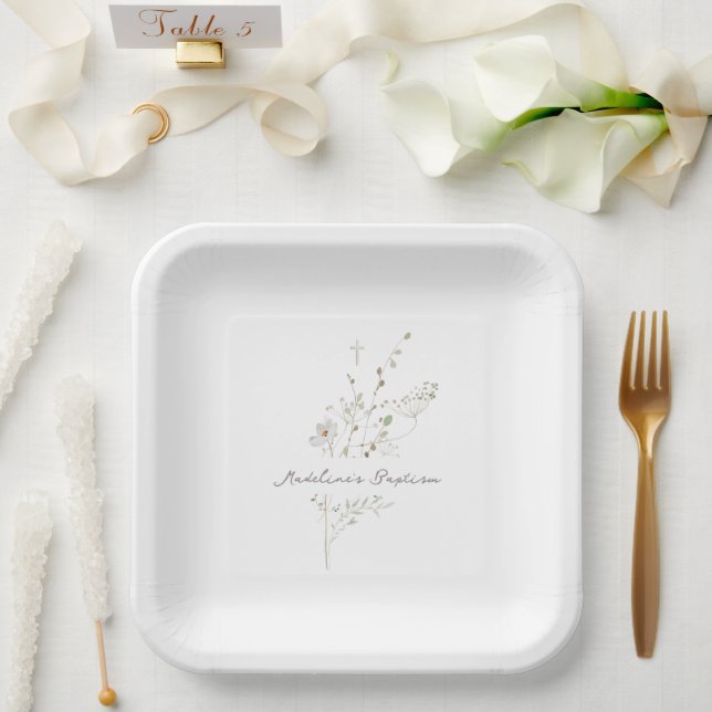 delicate wildflowers Baptism Paper Plates (Wedding)