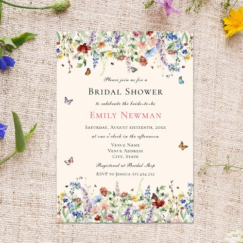 Delicate Wildflowers  Butterflies Bridal Shower Invitation