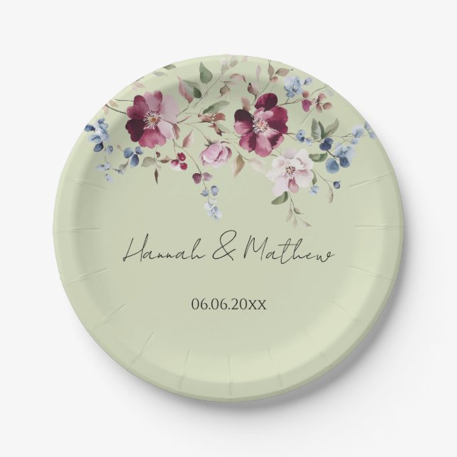 Delicate Wildflowers Elegant Green  Paper Plates (Front)