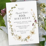 Delicate Wildflowers Feminine 80th Birthday Party Invitation<br><div class="desc">A beautifully feminine party invitation to celebrate an 80th birthday in trendy boho style, this irresistable floral design is bordered in a charming wildflower open wreath of delicate blossoms in white, yellow, purple and pink with intricate greenery. All of the text may be personalizepd for your party, including the guest...</div>