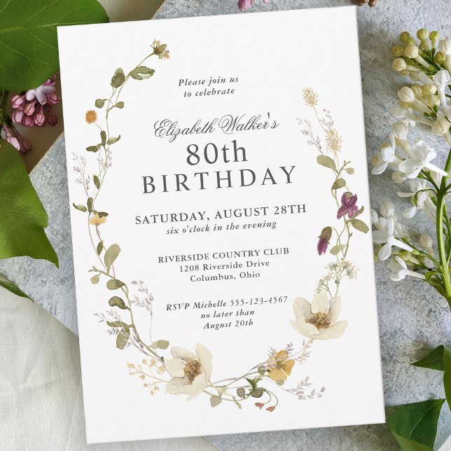 Delicate Wildflowers Feminine 80th Birthday Party Invitation (Creator Uploaded)