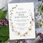 Delicate Wildflowers Feminine 90th Birthday Party Invitation<br><div class="desc">A beautifully feminine party invitation to celebrate a 90th birthday in trendy boho style, this irresistible floral design is bordered in a charming wildflower open wreath of delicate blossoms in white, yellow, purple and pink with intricate greenery. The look is soft and lovely. All of the text may be personalized...</div>