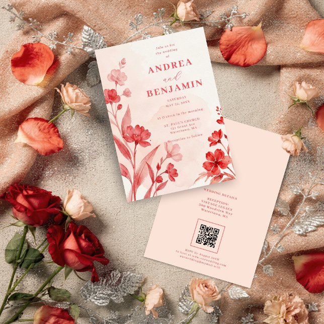 Delicate Wildflowers Juicy Red Pinky Pink Wedding Invitation (Delicate Wildflowers Juicy Red & Pinky Pink Editorial Wedding Invitation with Back QR Code.)