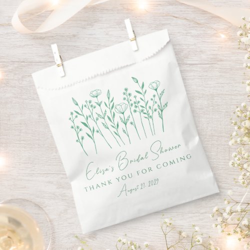 Delicate Wildflowers Line Art Green Bridal Shower Favor Bag