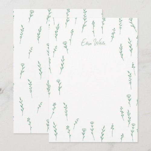 Delicate Wildflowers Line Art Green Custom Name Thank You Card