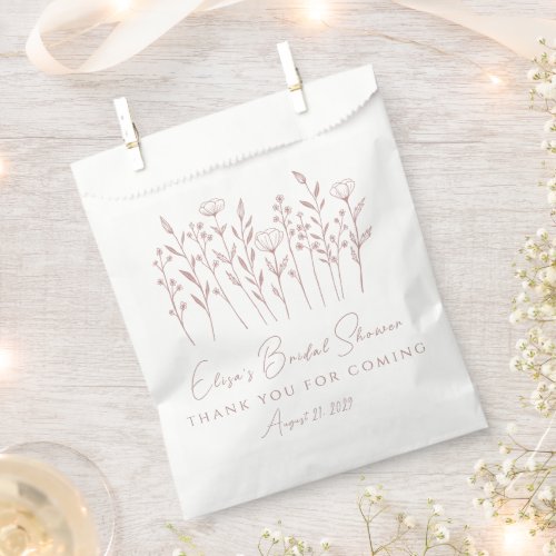 Delicate Wildflowers Line Art Pink Bridal Shower Favor Bag