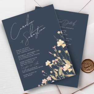 Delicate Wildflowers Navy RSVP QR Code Wedding  Invitation