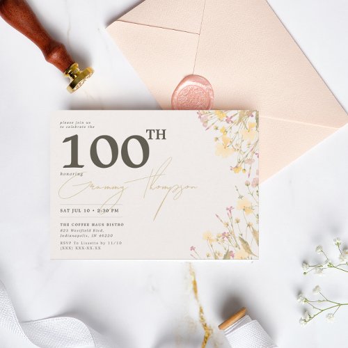 Delicate Wildflowers Pink Yellow 100th Birthday  Invitation