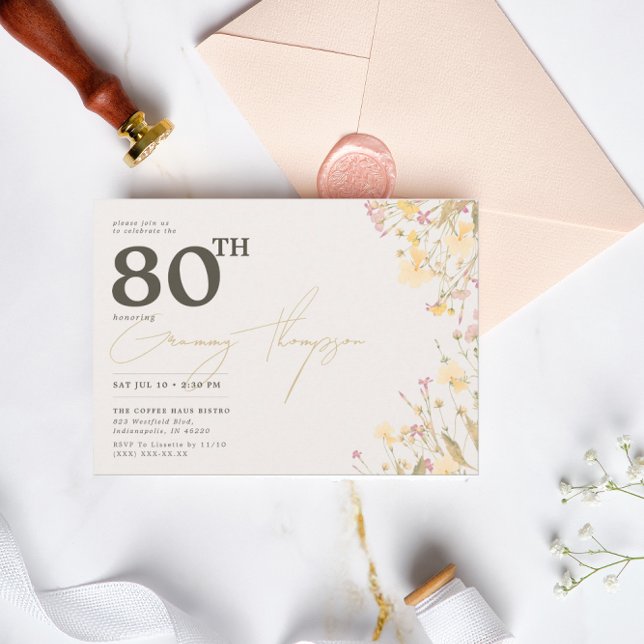 Delicate Wildflowers Pink Yellow 80 th Birthday  Invitation (Creator Uploaded)