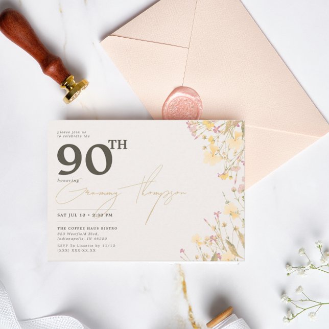 Delicate Wildflowers Pink Yellow 90th Birthday  Invitation (Creator Uploaded)