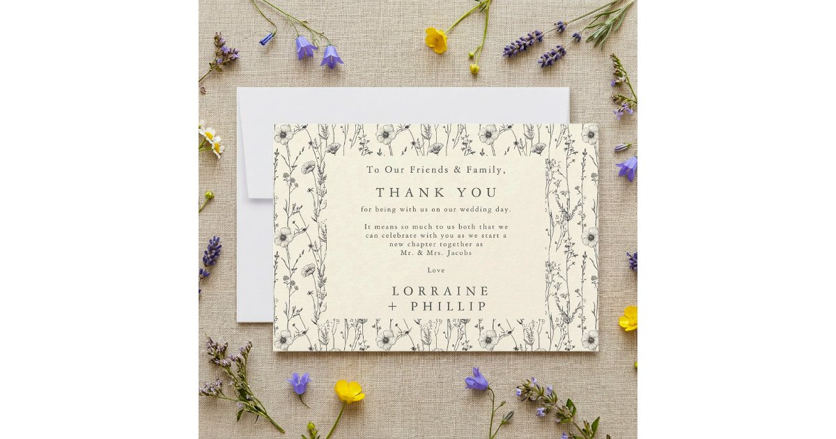 Delicate wildflowers seamless pattern wedding thank you card | Zazzle