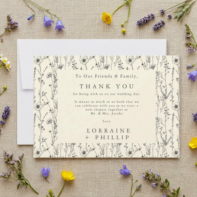 Delicate wildflowers seamless pattern wedding thank you card (Delicate wildflowers seamless pattern wedding thank you card.)